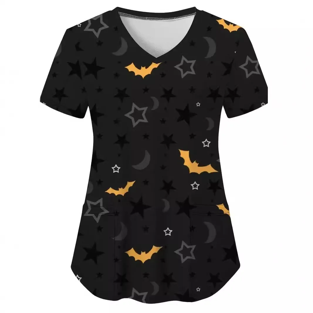 Dark Halloween 3D digital printed women's personalized black shoulder slim fit V-neck double patch pocket short sleeved T-shirt