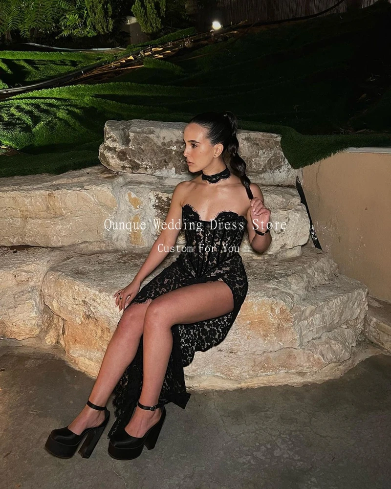 Qunque Black Dress Prom Sweethert Lace Customized Sexy Pleat High Slit Evening Dresses Mermaid Corset Back Vestidos De Festa