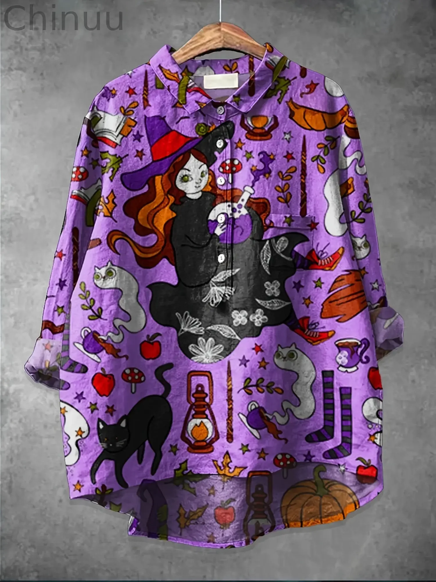 قميص نسائي بياقة مطبوعة جديدة - بلوزة فضفاضة كبيرة الحجم بأكمام طويلة مع حاشية غير متماثلة وجيب على الصدر، طراز قديم