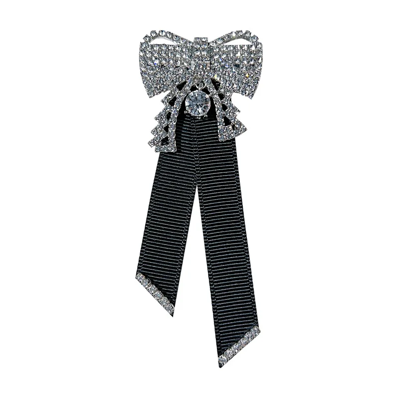 Retro Black Fabric Bow Tie Necktie Rhinestones Crystal Pearl Brooches for Women Shirt Collar Pins Bowknot Jewelry Accessories