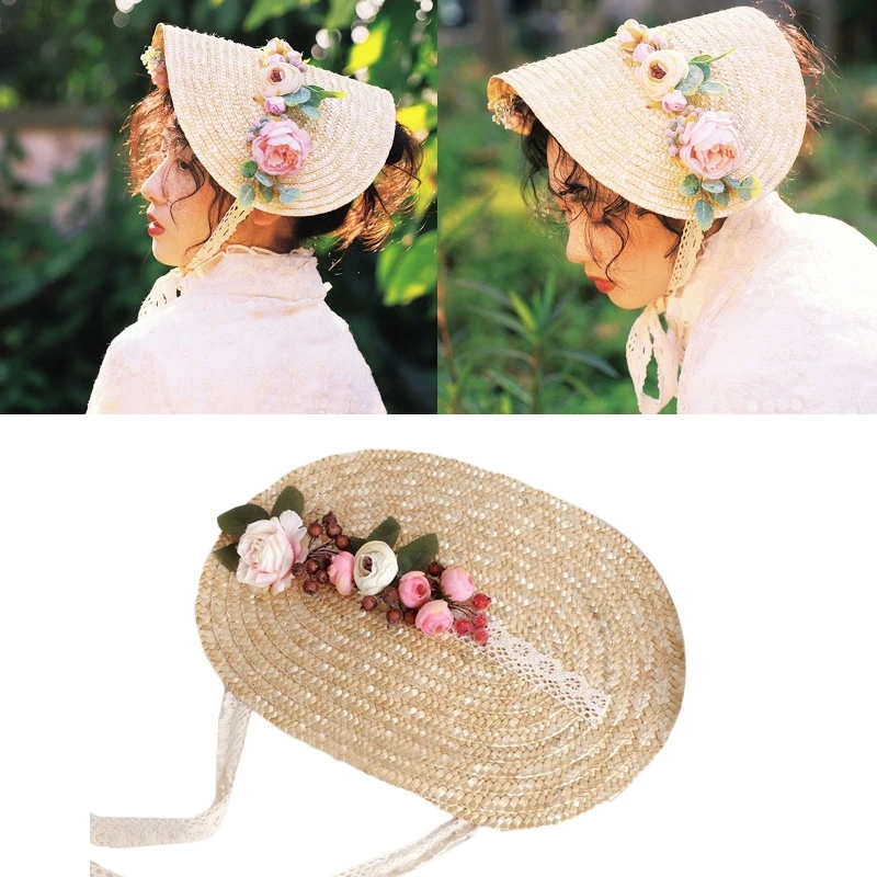 Lolita Headdress Lolita Hat Headpiece Lolita Hair Accessories Flat Top Hat Ruffle Lace Lolita Straw Hat With Strap Ribbon Flower
