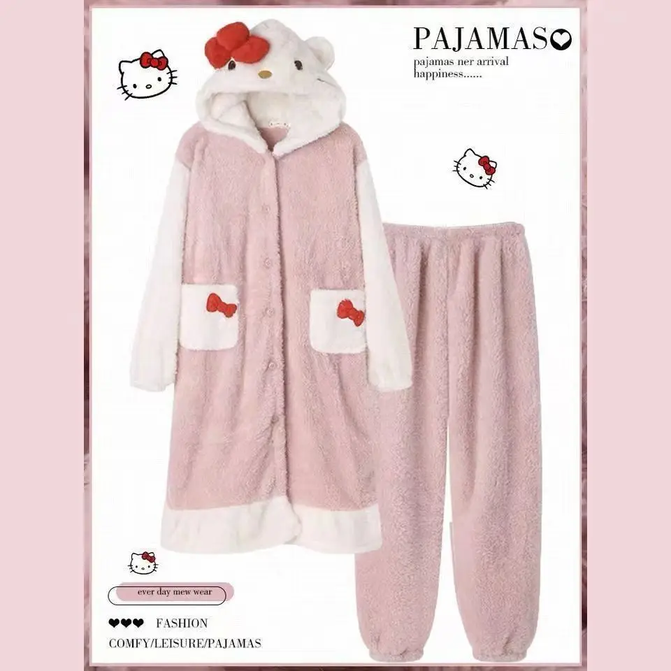 Carino nuovo Hello Kitty Robe e pantaloni femminile inverno peluche 2 pezzi pigiama Set addensato peluche caldo Casual Homewear camicia da notte