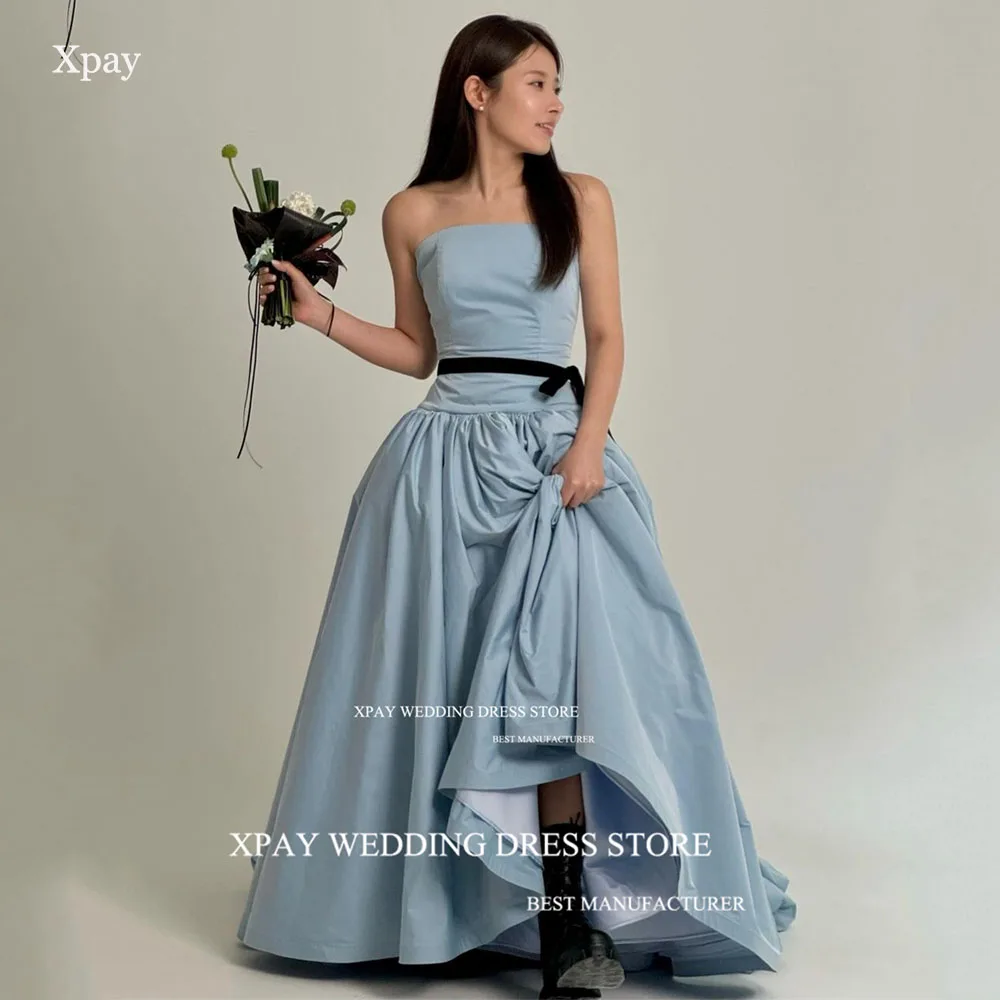 

XPAY Strapless Sky Blue A Line Korea Evening Dresses Sleeveless Black Belt Photos Shoot Formal Party Prom Gown Floor Length