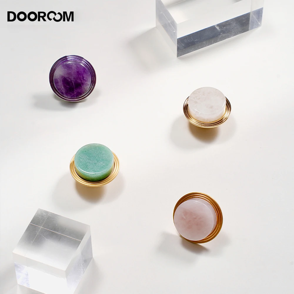 DOOROOM Natural Marble Furniture Handle knob Stylish White Turquoise Brass Cabinet Drawer Wood Door Knobs Wall Clothes Cap Hook