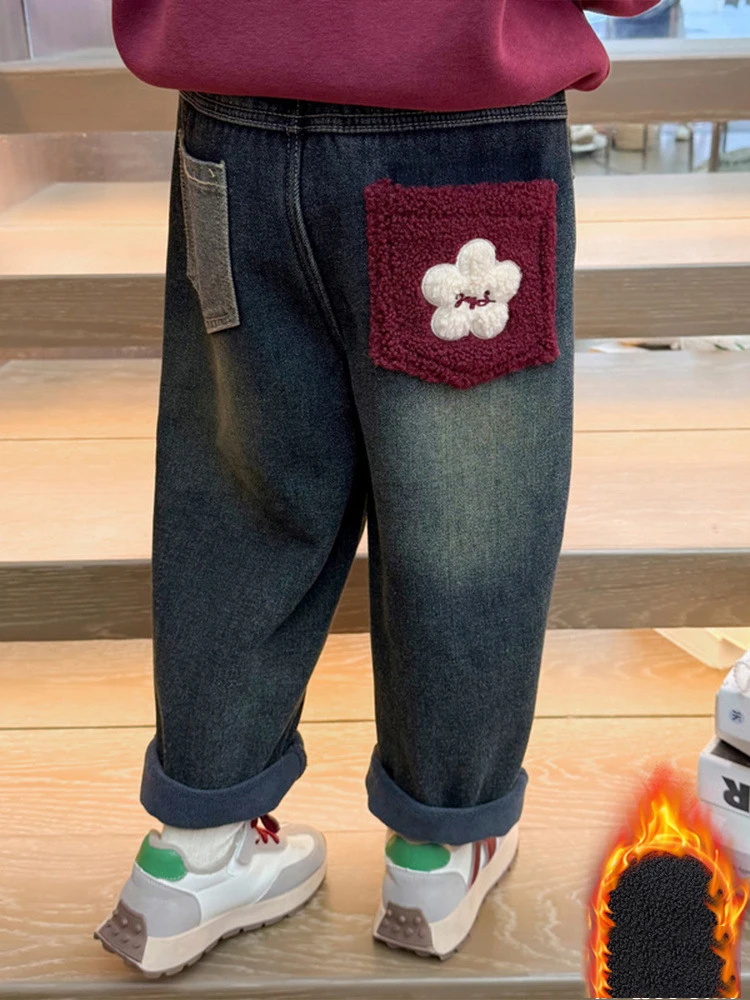 

1-8Y Baby Girls Jeans Winter 2025 Trendy Thicken Warm Teen Girls Trouser Casual Velet Mid Waist Children Girls Pant Outdoor