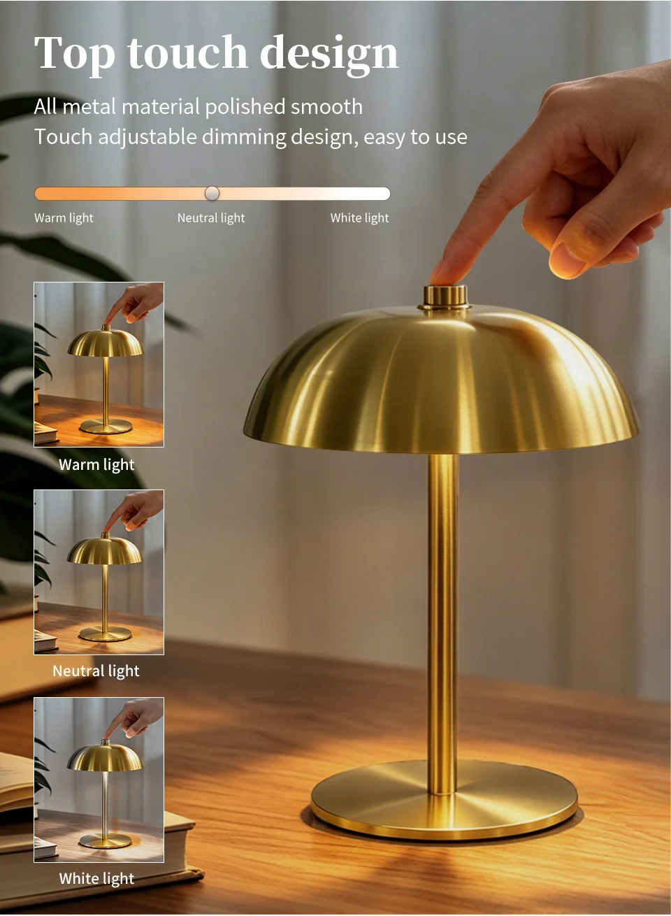 Cordless Mushroom Table Lamp Touch Control Dimmable LED Desk Light Rechargeable Bedroom Night Light Home Decor Gift