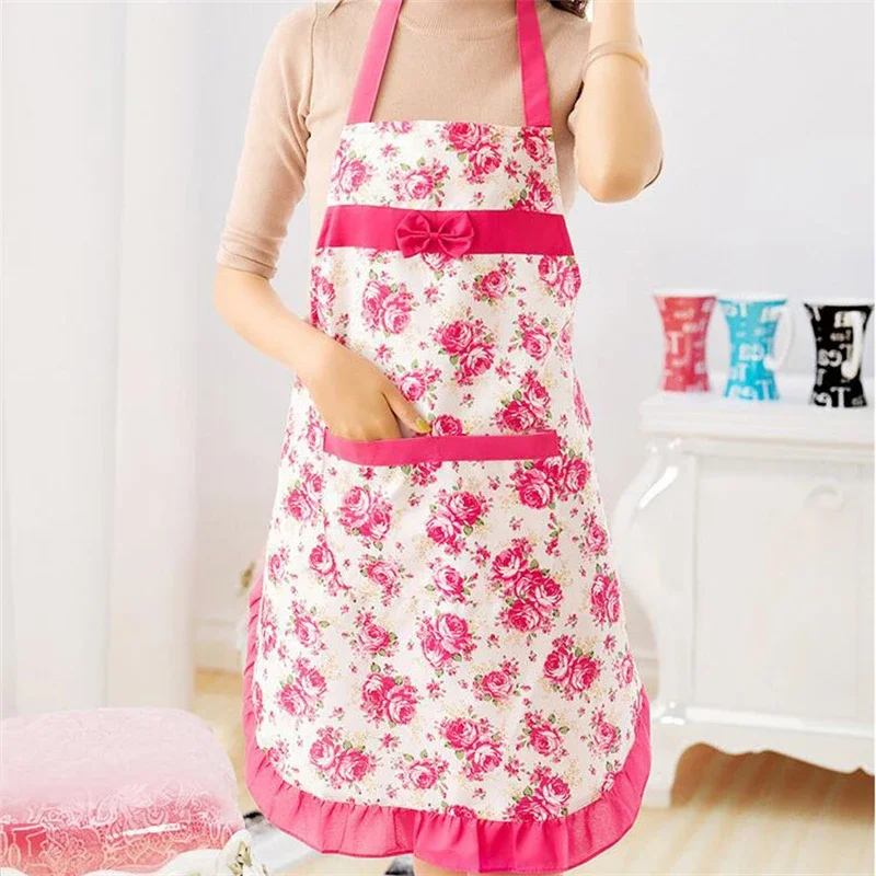 Kitchen Oil-proof Apron waterproof Cooking Apron Thicken Women Cotton Bib with Pockets Printing Dress Ladies Cleaning Aprons