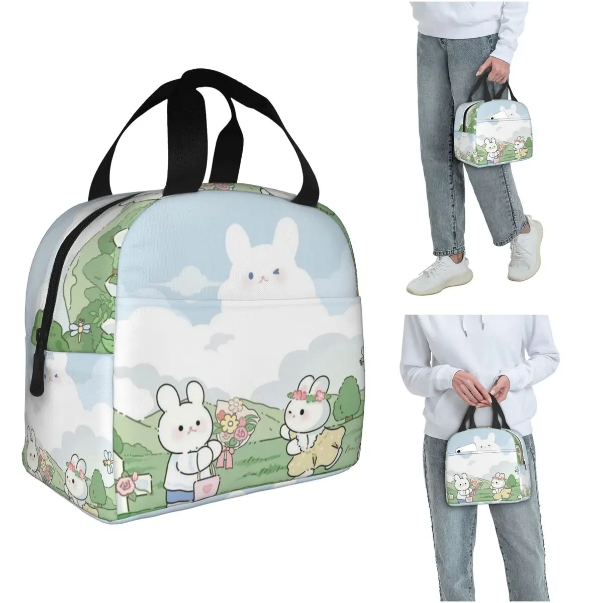 

Симпатичная термосумка для обеда с изображением кролика и цветочным узором для женщин и детей, герметичные контейнеры для еды, термосумка-тоут для обеда