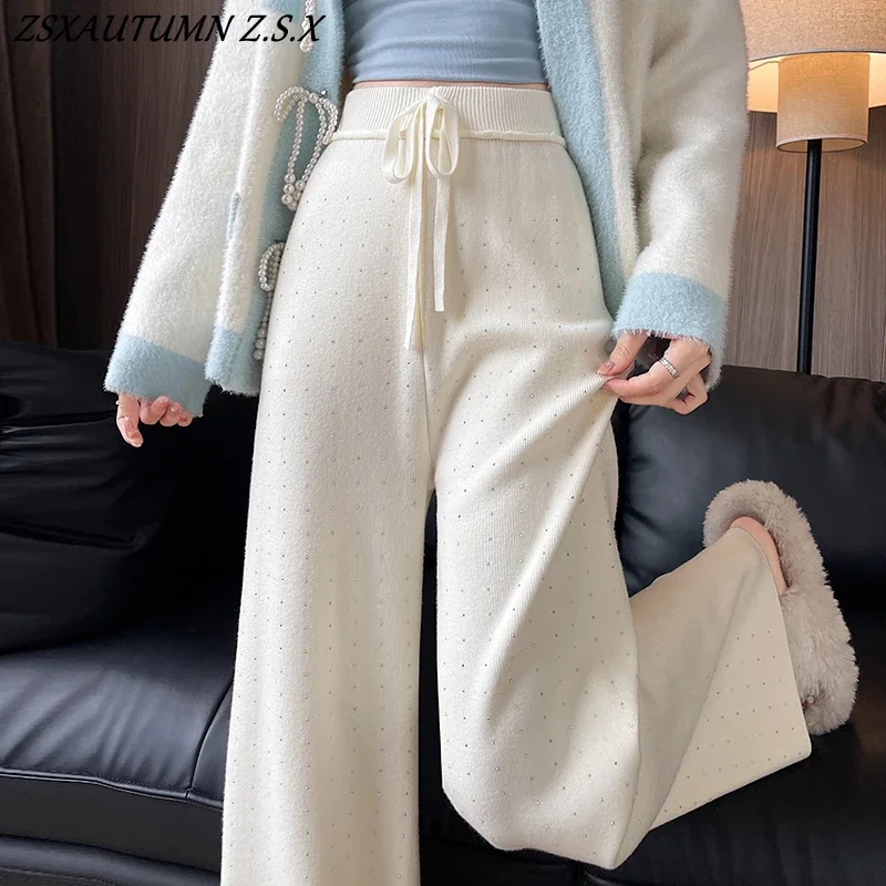 Diamond Knitted Wide-leg Pants Women Autumn Winter Korean Fashion High Waist Straight Loose Thick Casual Female Trousers