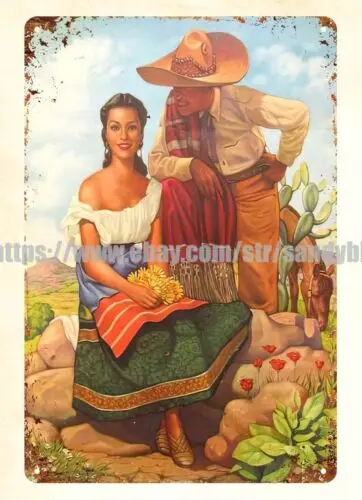 1940s Mexican calendar art senorita young couple metal tin sign man cave wall sign