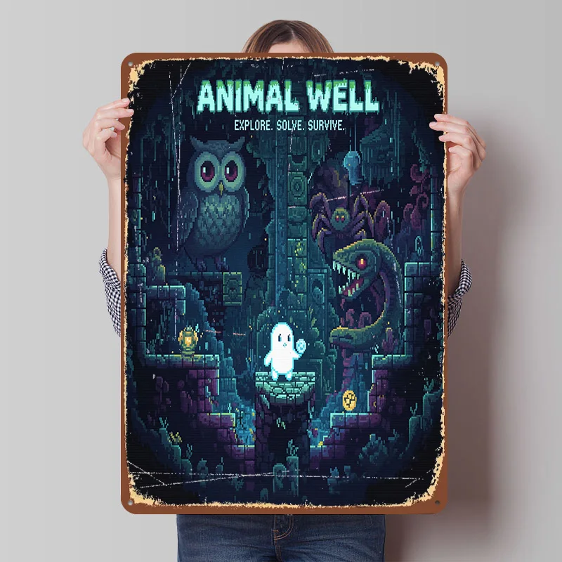 Animal Well Pixel Art Game Poster Customized Vintage Metal Signs Wall Art Retro Tin Plaque for Gaming Room Decoration Cozy Decor