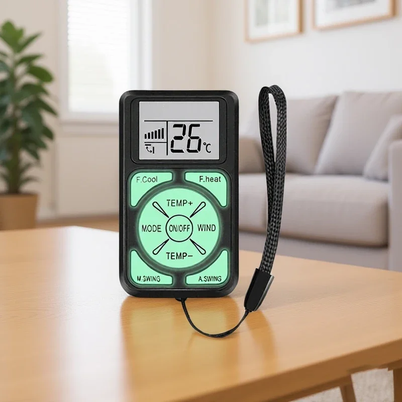 جهاز تحكم عن بعد صغير محمول مضيء بشاشة LCD عالمية A/C يتوهج في الظلام متوافق مع جميع مكيفات الهواء الرئيسية
