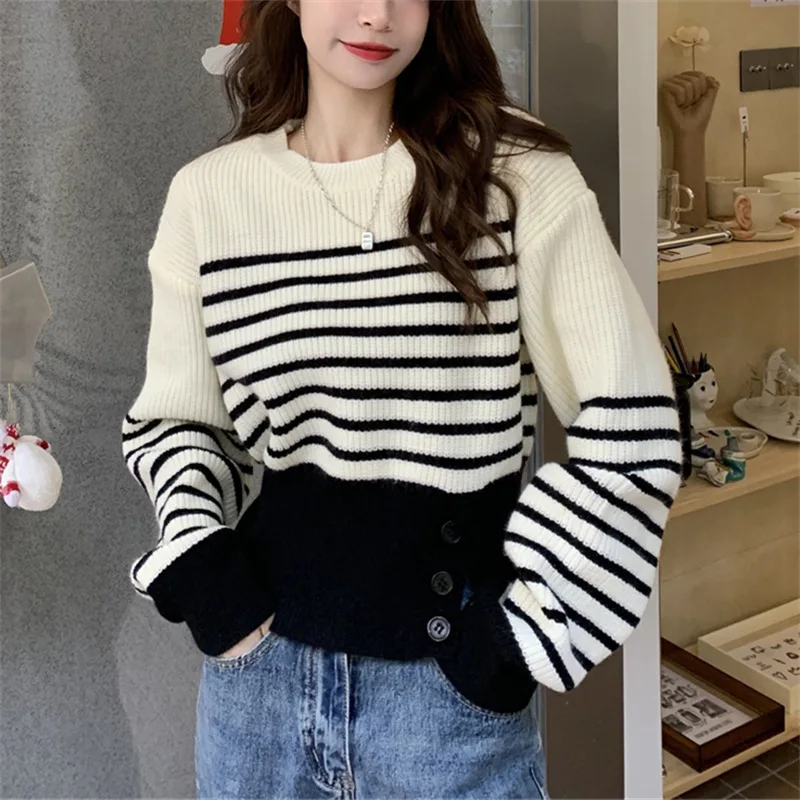 Korejpaa Korean Fashion Pullover Sweaters Women Casual Striped Round Neck Knitted Pull Femme 2024 Autumn Gentle Pulls Clothes