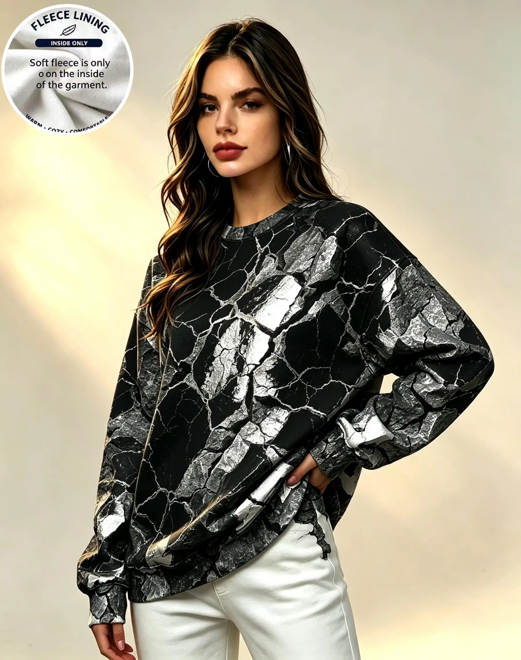 Women Crew Neck Fleece Sweatshirt Blue White Marble Crackle Texture Print Long Sleeve Loose No Hood Warm Pullover