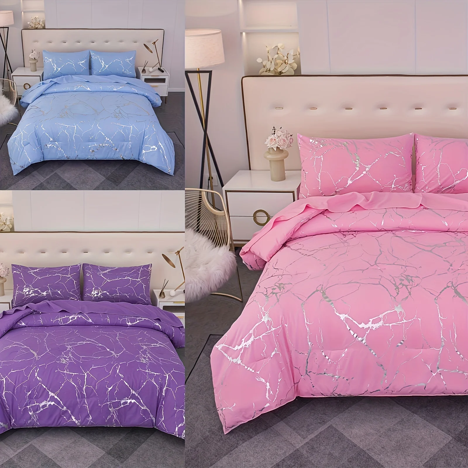 Set piumino di lusso alla moda da 2/3 pezzi, Set di biancheria da letto con stampa in marmo argentato abbronzante, morbido, confortevole e delicato