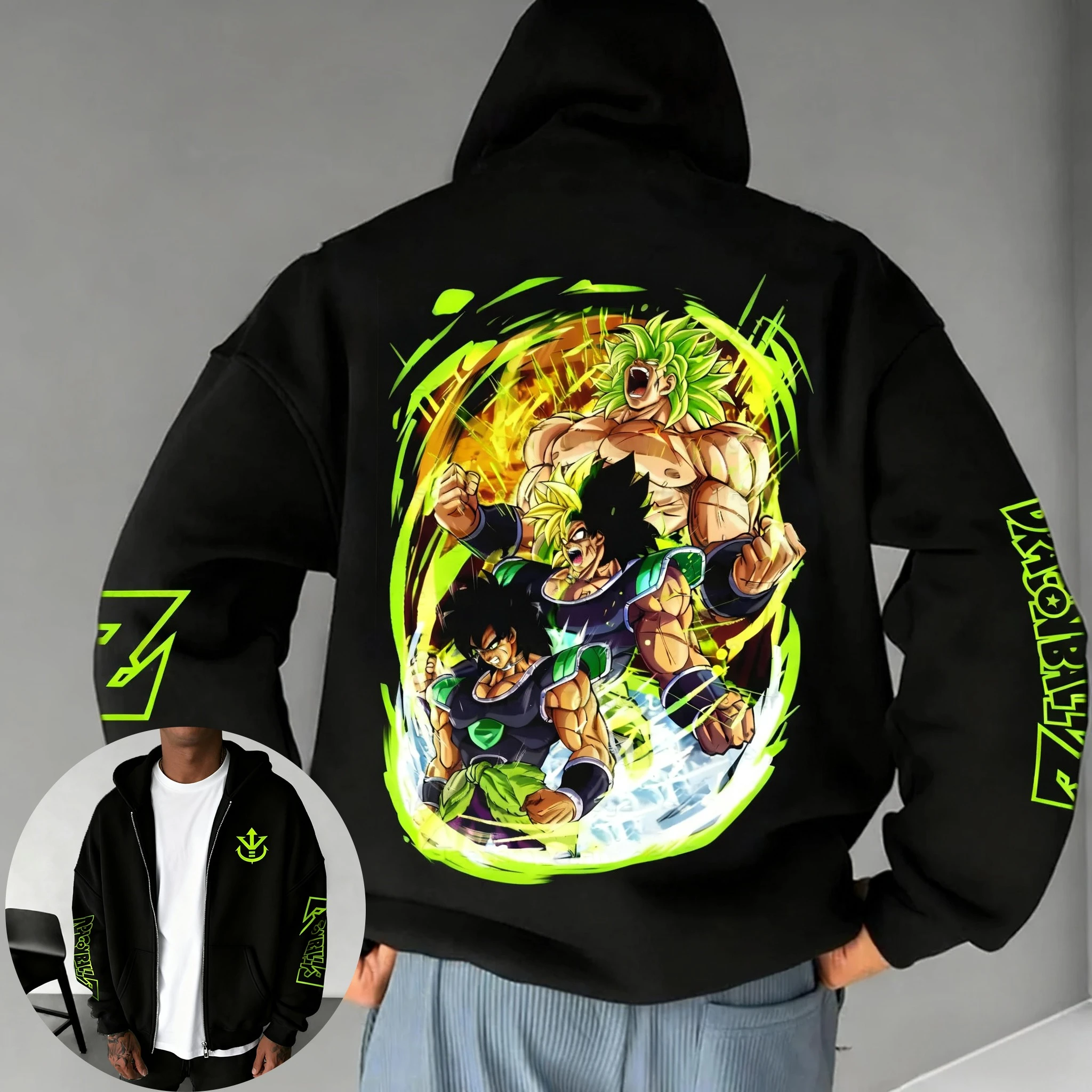 Dragon Ball Herren-Kapuzenpullover mit Reißverschluss, 2025, Herbst/Winter, neu, Broly Anime, bedruckt, amerikanischer Hip-Hop, lässig, lockeres Eltern-Kind-Top