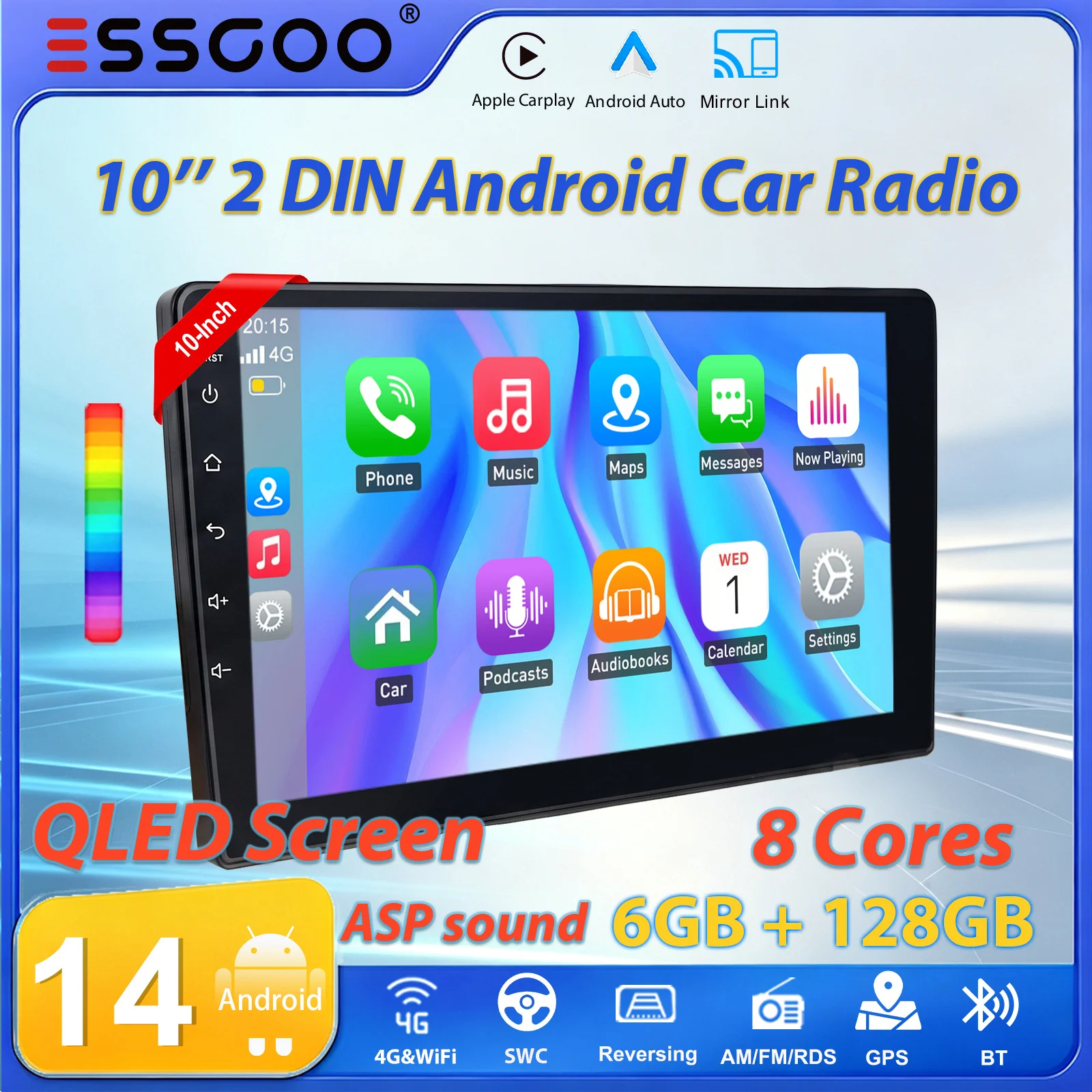 ESSGOO 10" 2 DIN 8-Core 6+128G Android14 Radio samochodowe z bezprzewodowym Carplay i Android Auto, nawigacją GPS, RDS, AM/FM, Wi-Fi, Bluetooth, funkcją Mirror Link, sterowaniem SWC, ekranem