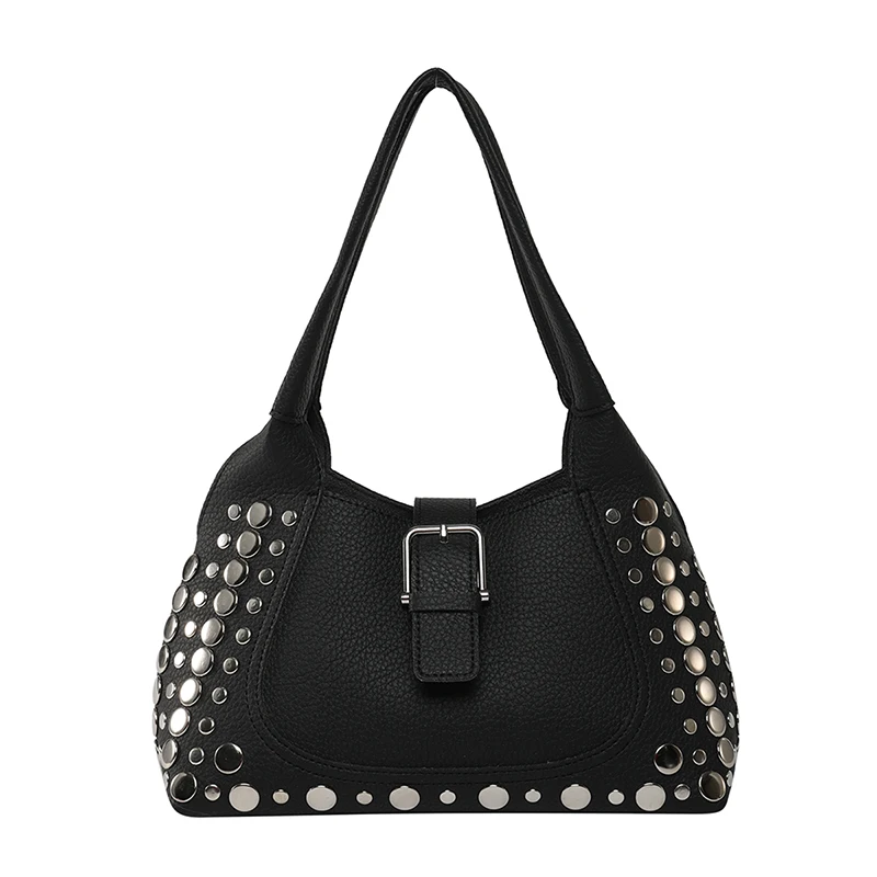 

Black Designer Rivet Handbags Women Sequin Punk Style Shoulder Bags Fashion PU Leather Vintage Bags French Female Packages