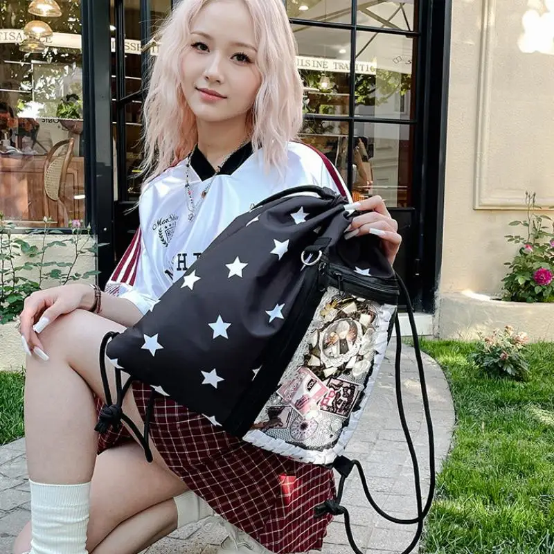 Verbesserter großer Canvas-Rucksack; Transparent, leicht mit Stern-Design und Kordelzug.