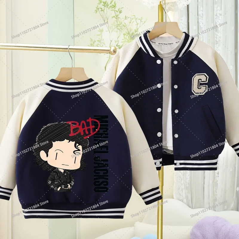 Musician Michael Jackson Fashion Baseball Jersey for Children Anime Cartoon Cute Coats Boys Girls Hip Hop Sports Jackets Gifts