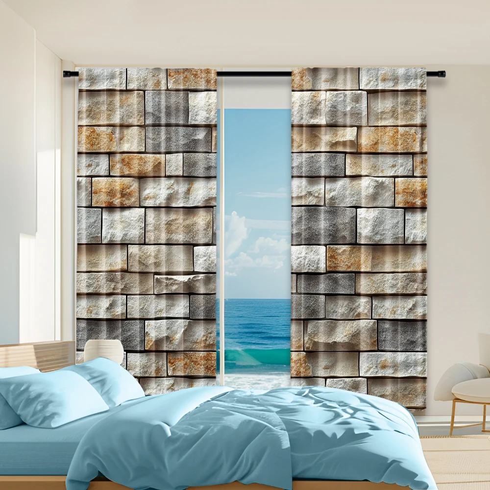 

2 pcs, versatile polyester transparent curtains for home decoration Imitation Tile Wall Pattern for use in bedrooms and living