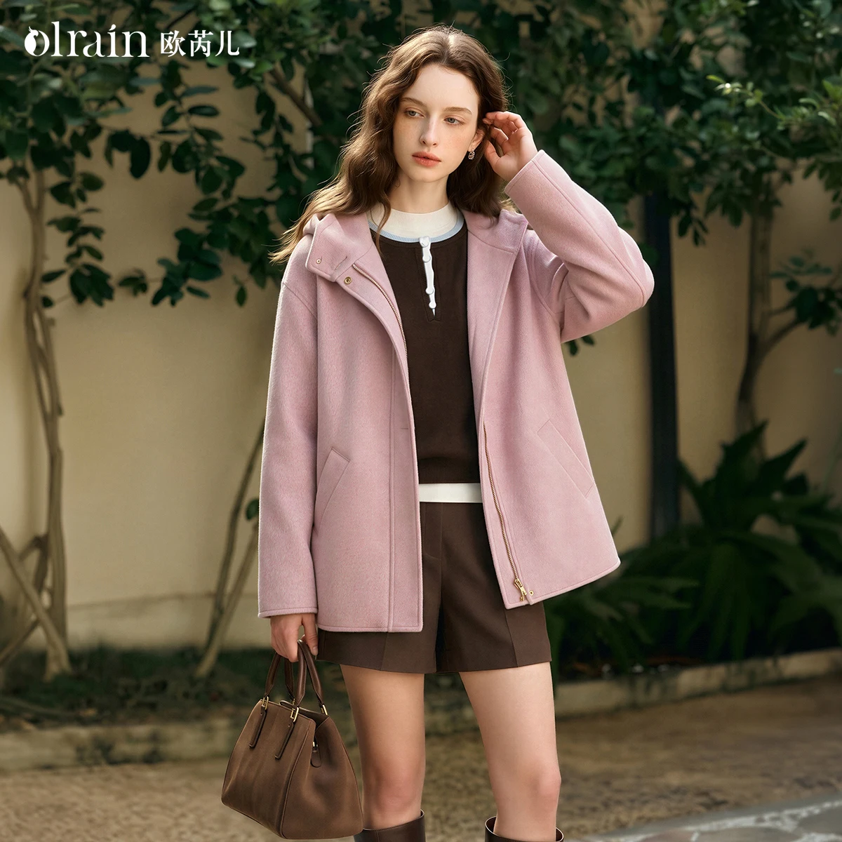 Ories Women's Wool Trench Coats Loose Hooded 2026 Winter New Pink Lazy Style Drop Shoulder Short Woolen Outerwear GO58DW012219