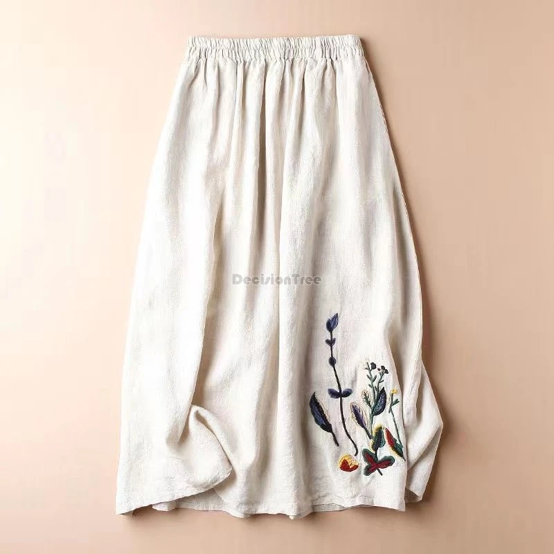 2024 chinese vintage cotton linen summer skirt women new embroidery solid color large swing skirt mid-length female skirt w341