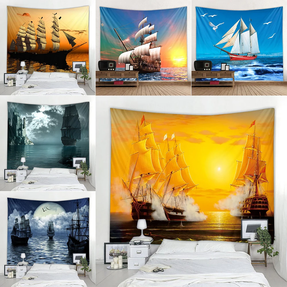 Nautical Tapestry Pirate Ship Psychedelic Hanging Cloth Living Room  Wall Decor Backdrop  Home  