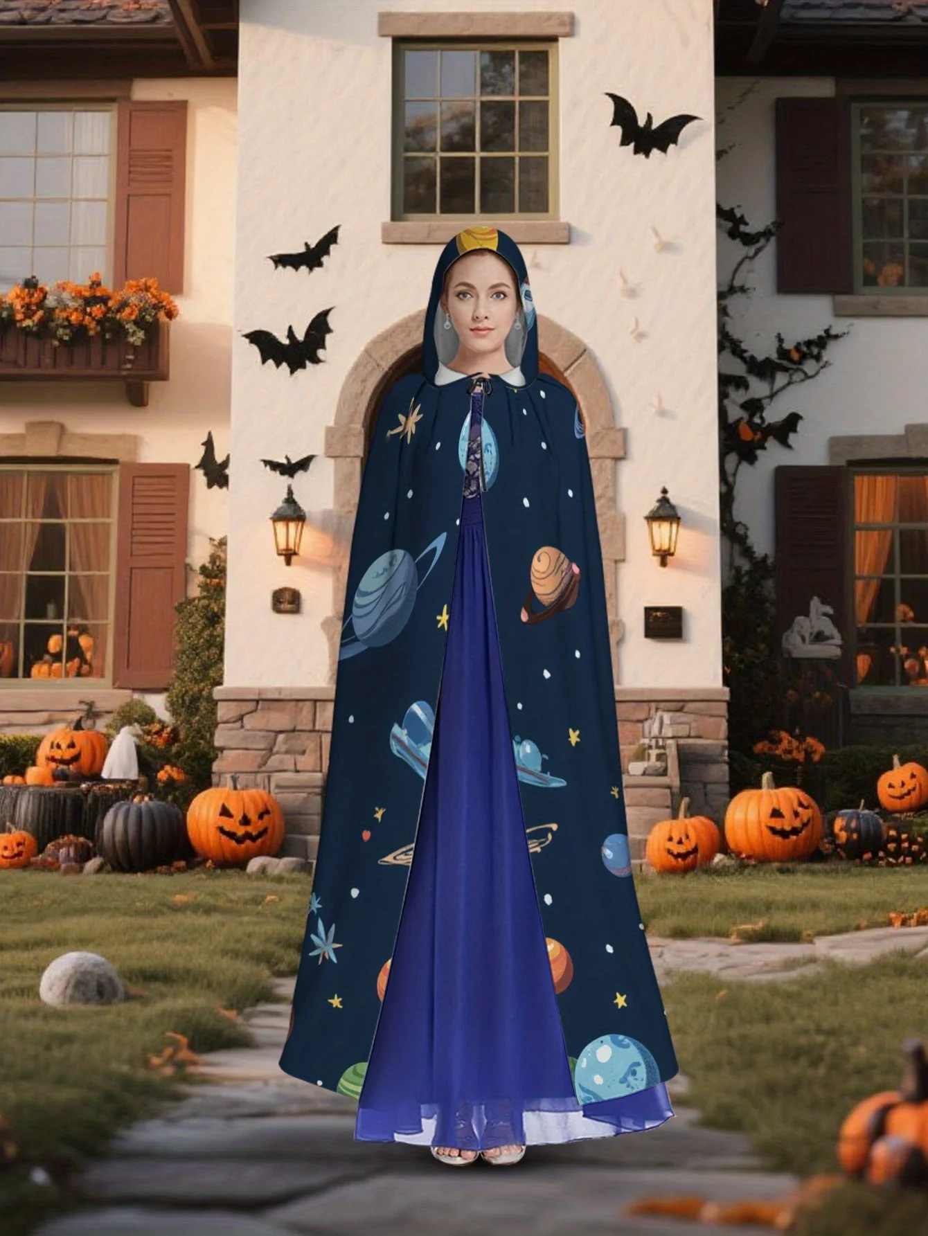 Customization 1pc Of, 2D Flat Printed Lightweight Fashion Cloak Featuring A Space Galaxy Rocket Planet Design