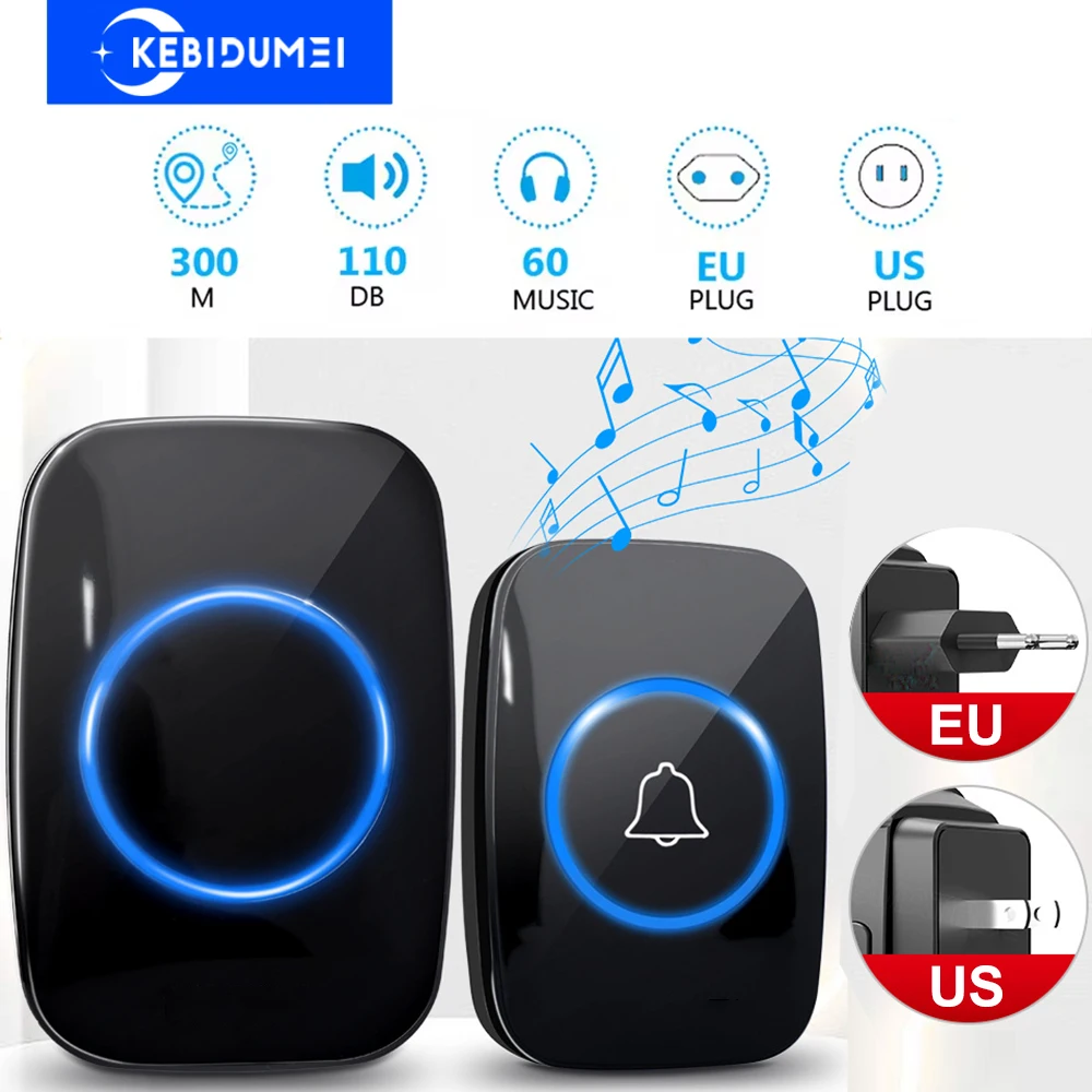 Timbre inalámbrico para el hogar, resistente al agua, alcance de 300m, enchufe estadounidense y europeo, timbre de puerta inteligente para el hogar, 1, 2 botones, 1, 2, 3 receptores, timbre de pared