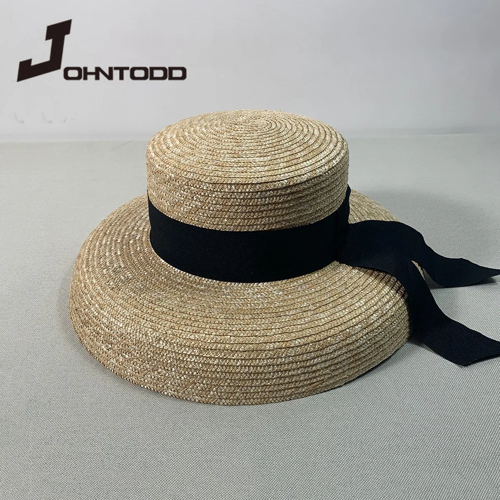 Women\'s summer big soft top hat straw hat with black and white ribbon lace tie m wide brim sun hat UV protection beach hat cap