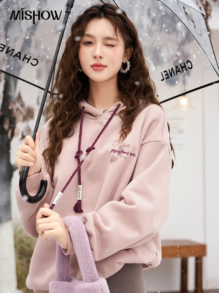 MISHOW gráfico sudaderas con capucha de gran tamaño para mujer Otoño Invierno coreano suelto estampado de letras más sudadera de terciopelo