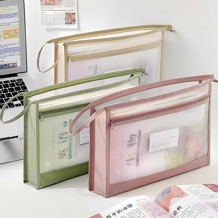 Grande organizer in rete trasparente A4 con doppia cerniera - Spaziosa borsa portaoggetti portatile fatta a mano