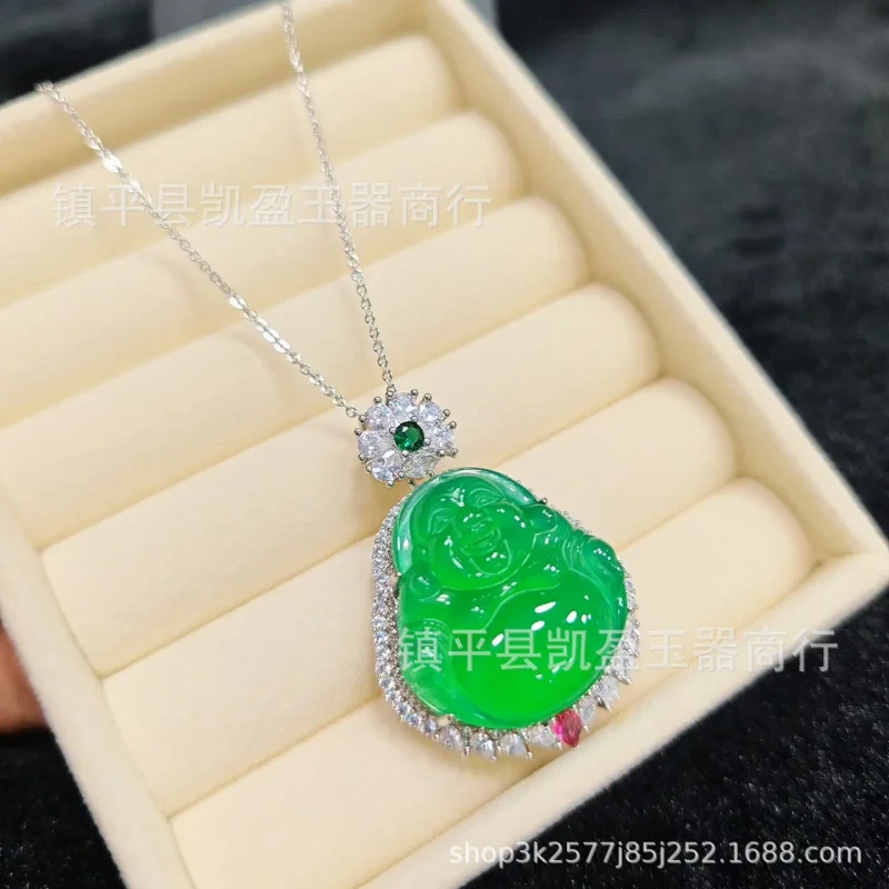 Collar de Buda Maitreya de ágata verde jadeíta con figura de calcedonia helada bañada en plata, colgante de jade.