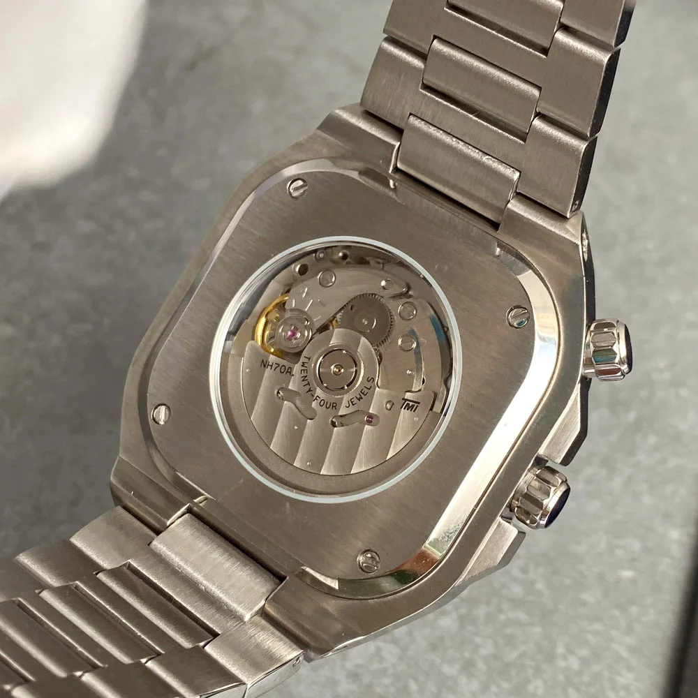 Tandorio New 42mm Fit NH70 Movement Square Sapphire Glass Automatic Mechanical Vintage Watch For Men White Skeleton Dial view 6