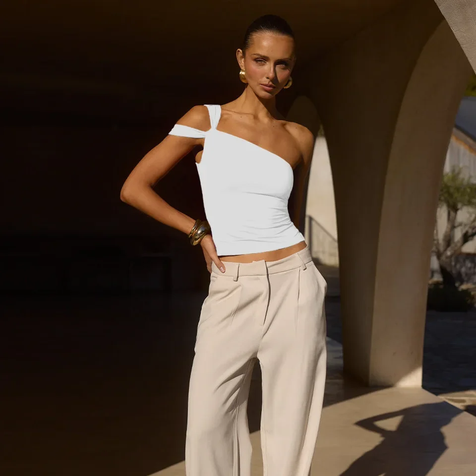 2025 단색 대각선 어깨 슬링 티셔츠 여성용, 단팔 슬림 캐주얼 크롭 오프 숄더 상의, 타이트하고 섹시한 여름