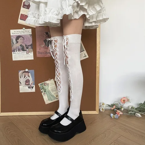 Imagen 2 del producto Medias blancas para Cosplay, calcetines hasta el muslo JK calados a la moda para mujer, calcetines largos de tubo hasta la rodilla con cordones de Color sólido a la moda