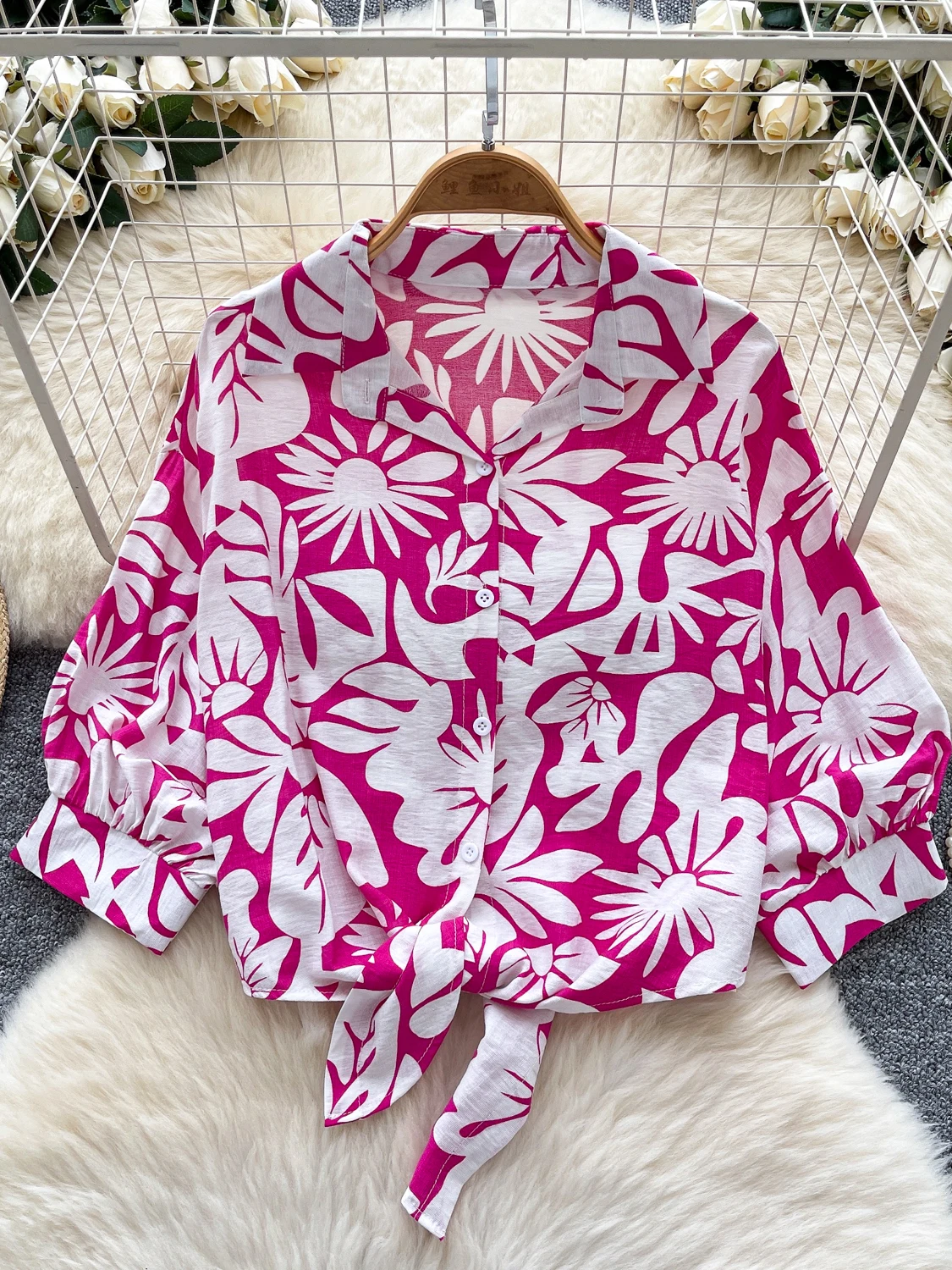 

Summer Casual Chic Women's Bubble Sve Printed irt Beach Vaion Sle ort Length Belly Baring Trendy Top Korean Version