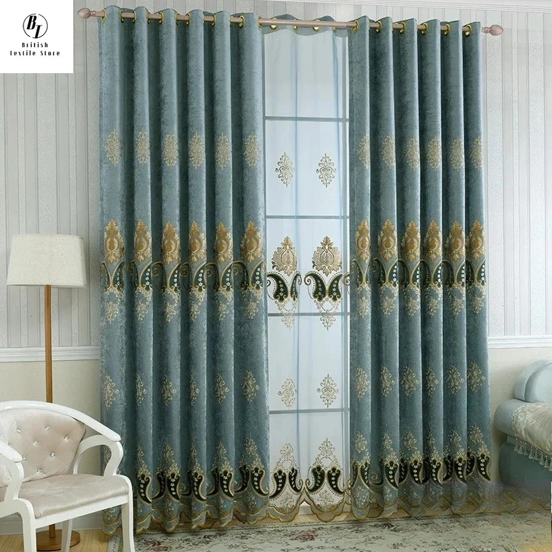 

Blackout Luxury Custom Size European Curtains for Living Dining Room Bedroom Chenille Pepper Potts Shading White Tulle Decor