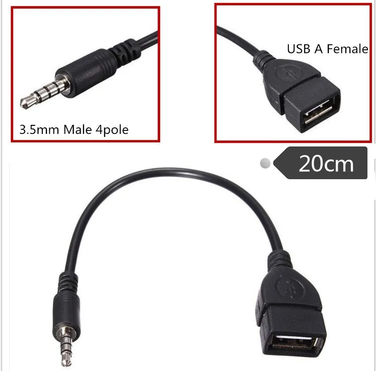 Wholesale 3.5mm Male 4pole AUX Audio Plug Jack To USB 2.0 A Female Connector Converter Cable Cord 20cm T-Ports For Car MP3 Phone