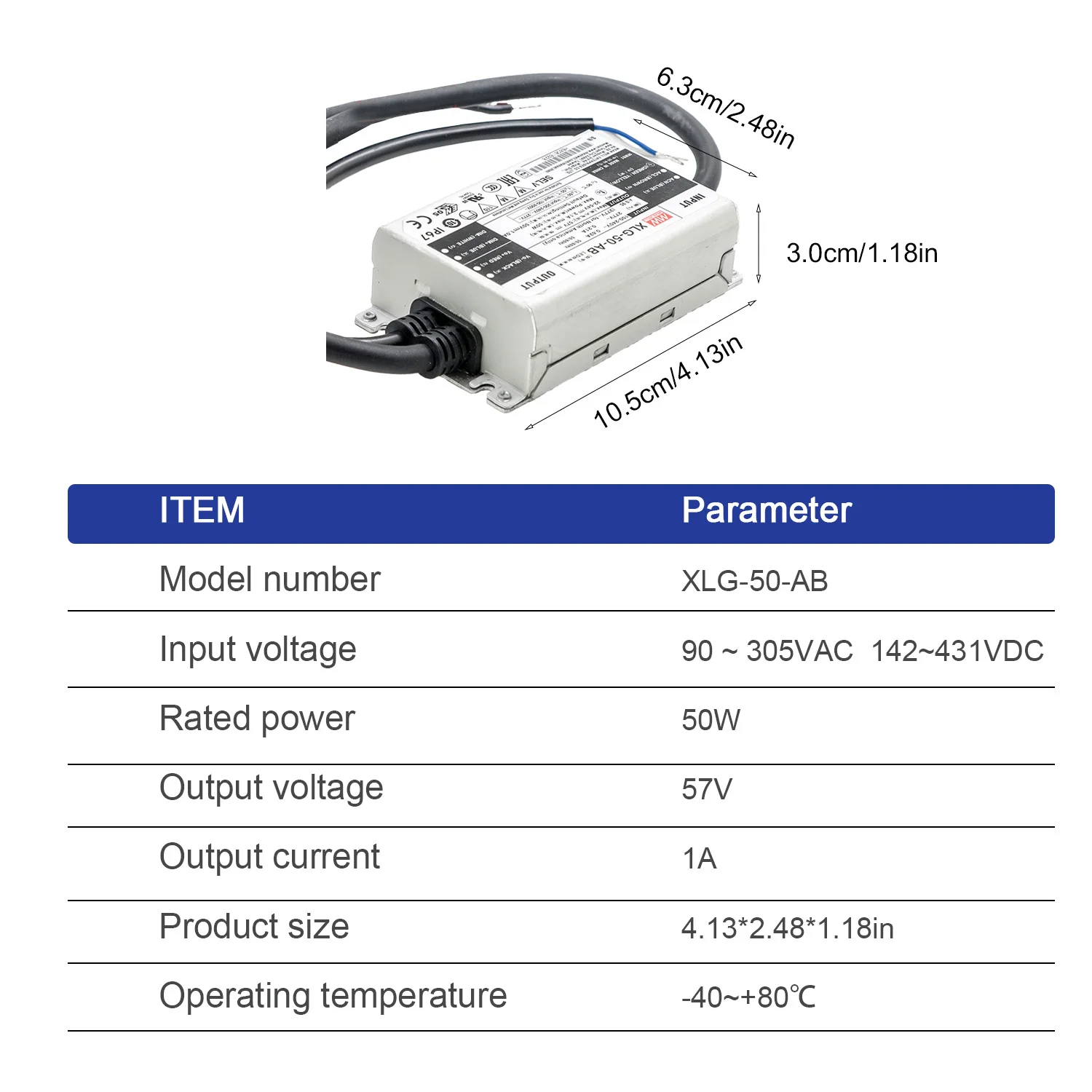 XLG-50-AB 22-54V 1A 90% Efficiency IP67 Waterproof Wide Input 90-305VAC Constant Power Dimming 24V 50W LED Driver