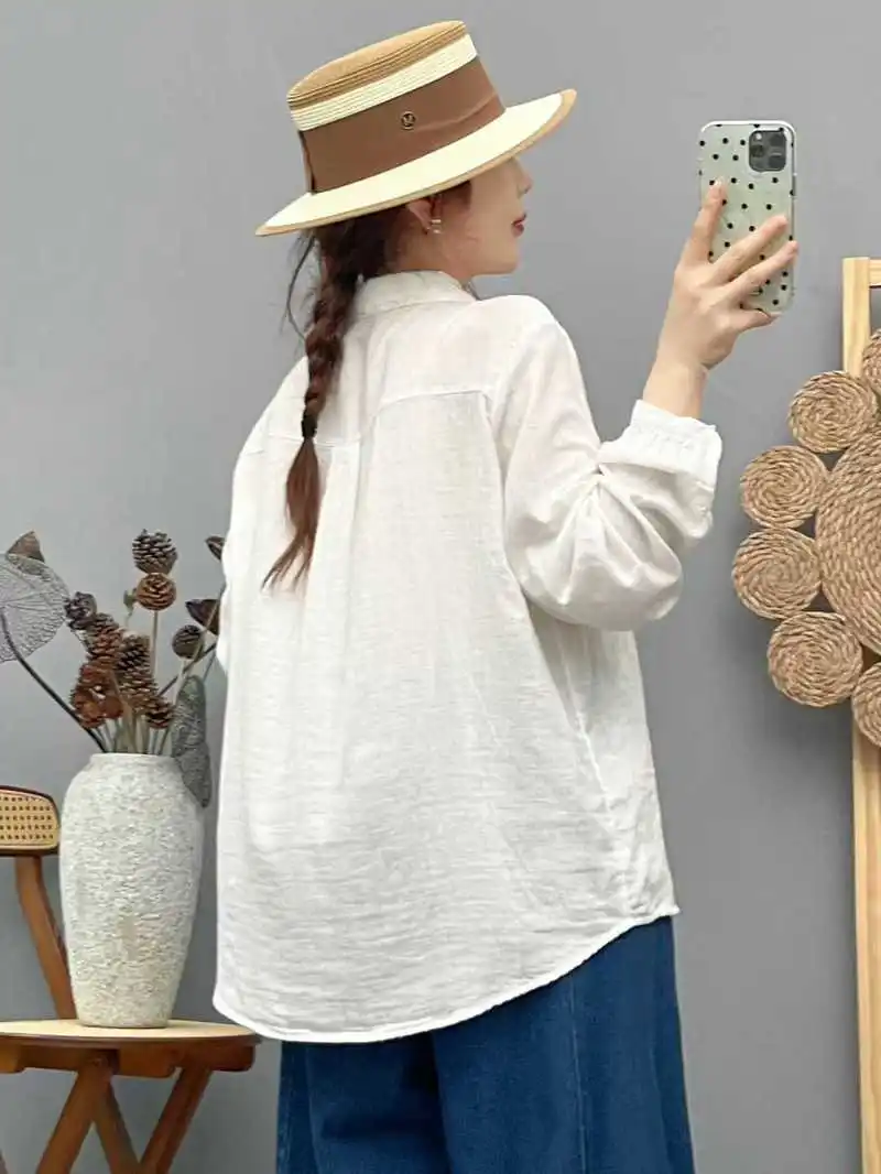 Camisas de algodón bordadas de estilo étnico para chica Mori Vintage japonés, blusa informal de manga larga con cuello vuelto para primavera y otoño para mujer