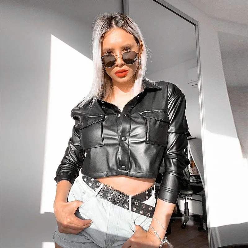 سترة نسائية طويلة الأكمام التلبيب معاطف واحدة الصدر مع جيوب ربيع الخريف جديد أنثى Midriff-baring سترة جلدية بيضاء