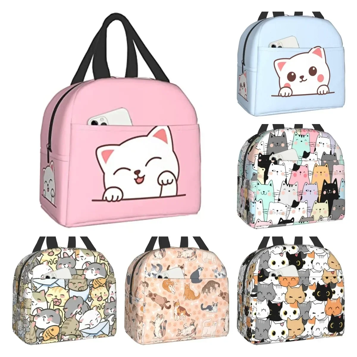 Cute White Cat Cartoon Cat Head Lunch Box Reusable Lunch Bag Work Cooler Reusable Tote Picnic Boxes Insulated Container Shopping