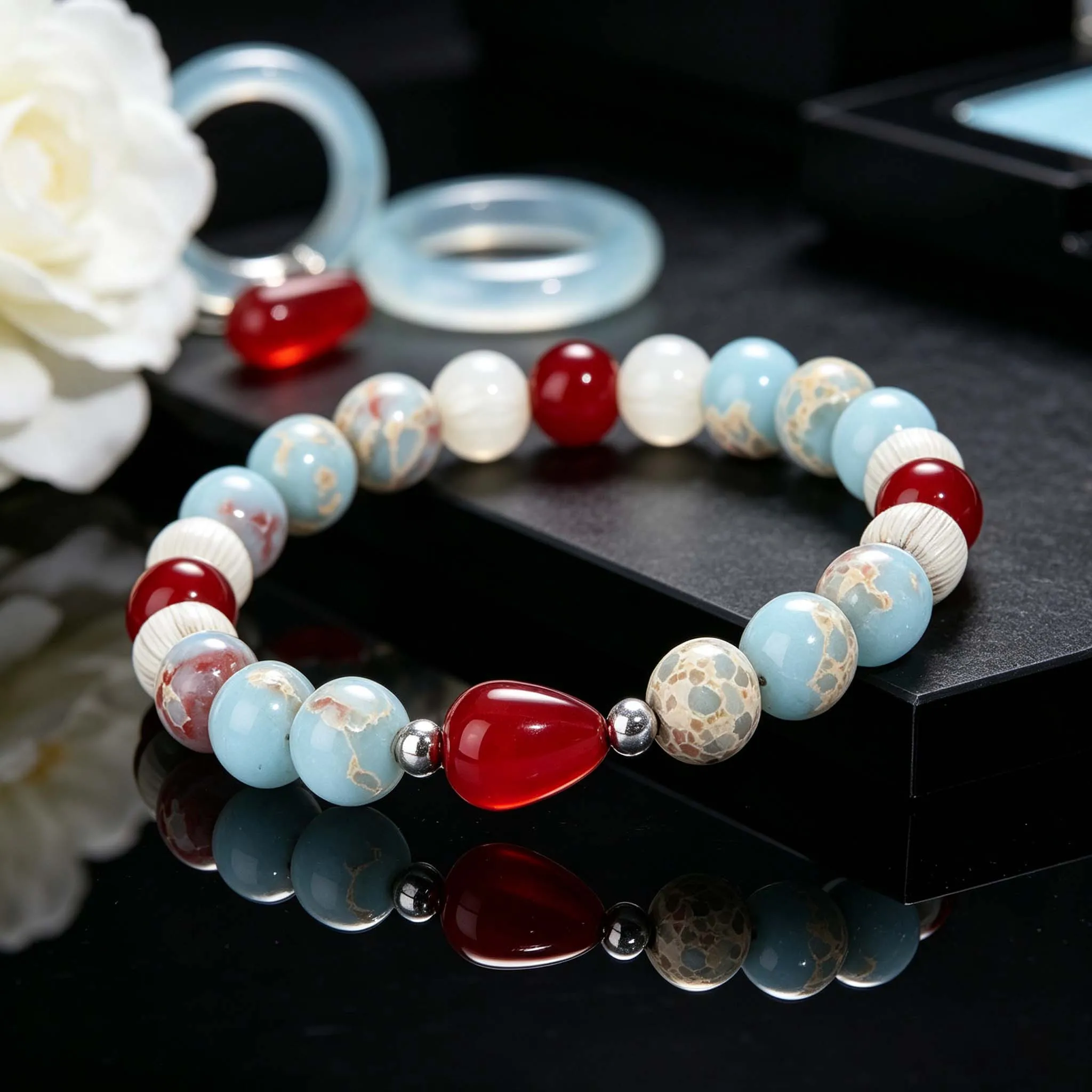 Natural Shoushan Stone Red Agate Tianhe Stone White Cat Eye Elastic Lucky Bracelet,Bohemian Style Bracelet, Women's Jewelry Gift