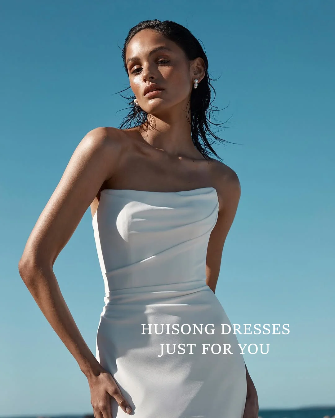 HUISONG-vestidos de novia de sirena de satén personalizados, vestido de novia de playa sin tirantes, vestidos de novia