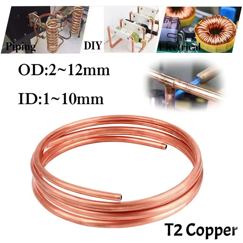 1M Soft Coil Coppers Tube T2 Red Coppers Tubing OD 2/3/4/5/6/8/10/12mm Airs Conditioning Refrigeration Capillary Wire Pipes