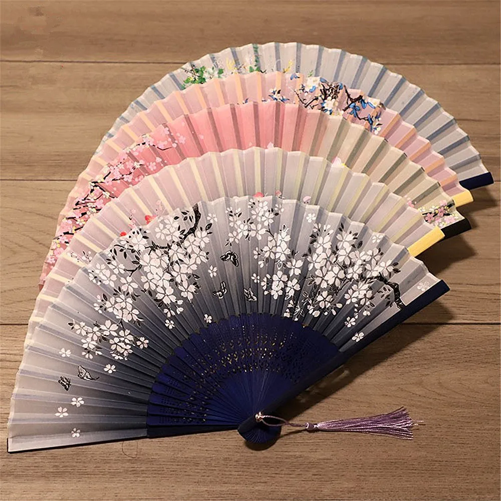 Chinese Engraved Folding Hand Fan Wooden Shank Classical Dance Tassel Fan Wedding Birthday Party Favor Fan Decor Gifts For Guest