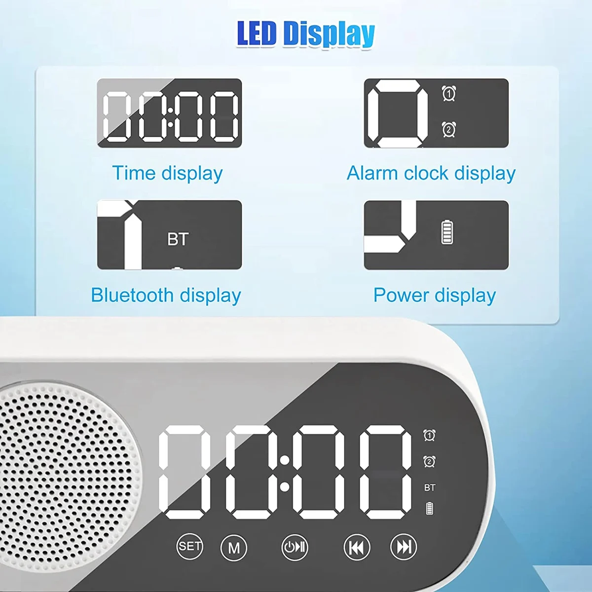 Sveglia digitale a LED con Radio FM e altoparlante Bluetooth, modalità dimming a 3 livelli di luminosità, orologi Snooze per l'arredamento