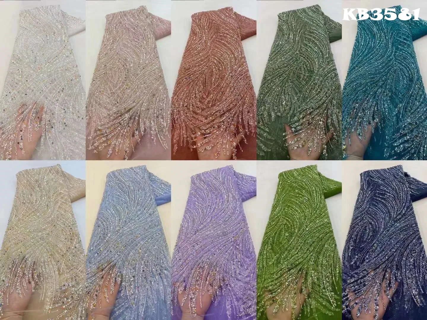 African Blue Beaded Lace Fabric Dubai High Quality Fabric 2024 Sequence Lace Fabric For Party Dresses With Rhinestones KB3581